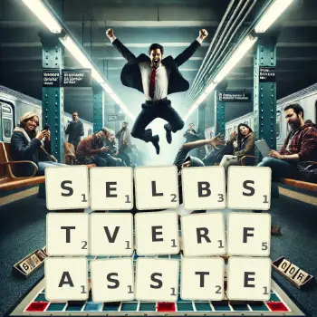 Kreative Illustration für ein Scrabble-Spiel, bei dem das Wort SELBSTVERFASSTE mit Steinen auf dem Brett gelegt wurde.