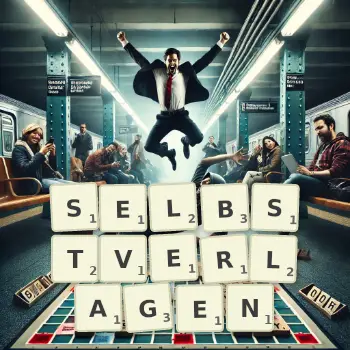 Kreative Illustration für ein Scrabble-Spiel, bei dem das Wort SELBSTVERLAGEN mit Steinen auf dem Brett gelegt wurde.