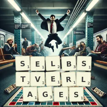 Kreative Illustration für ein Scrabble-Spiel, bei dem das Wort SELBSTVERLAGES mit Steinen auf dem Brett gelegt wurde.