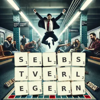Kreative Illustration für ein Scrabble-Spiel, bei dem das Wort SELBSTVERLEGERN mit Steinen auf dem Brett gelegt wurde.