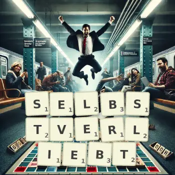 Kreative Illustration für ein Scrabble-Spiel, bei dem das Wort SELBSTVERLIEBT mit Steinen auf dem Brett gelegt wurde.