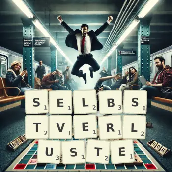 Kreative Illustration für ein Scrabble-Spiel, bei dem das Wort SELBSTVERLUSTE mit Steinen auf dem Brett gelegt wurde.