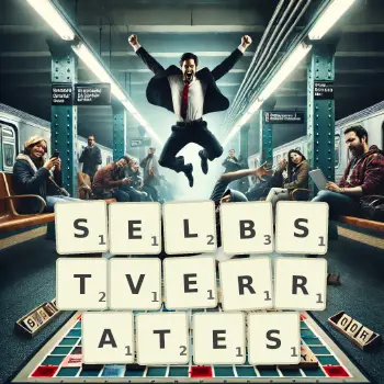 Kreative Illustration für ein Scrabble-Spiel, bei dem das Wort SELBSTVERRATES mit Steinen auf dem Brett gelegt wurde.