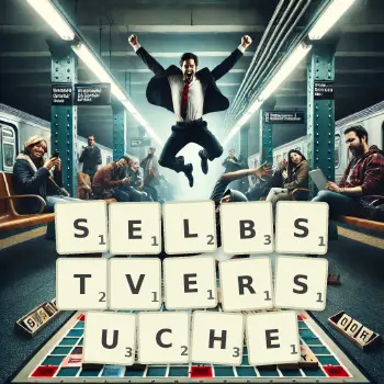 Kreative Illustration für ein Scrabble-Spiel, bei dem das Wort SELBSTVERSUCHE mit Steinen auf dem Brett gelegt wurde.