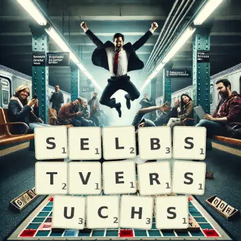 Kreative Illustration für ein Scrabble-Spiel, bei dem das Wort SELBSTVERSUCHS mit Steinen auf dem Brett gelegt wurde.