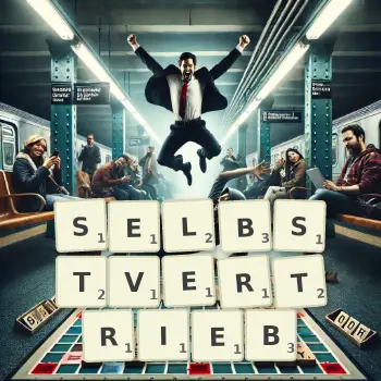 Kreative Illustration für ein Scrabble-Spiel, bei dem das Wort SELBSTVERTRIEB mit Steinen auf dem Brett gelegt wurde.