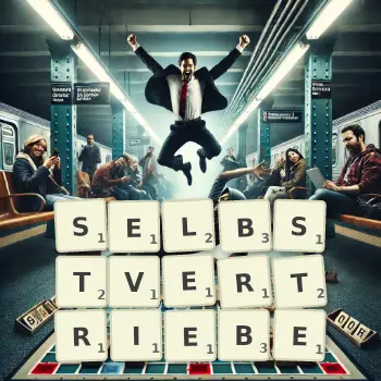 Kreative Illustration für ein Scrabble-Spiel, bei dem das Wort SELBSTVERTRIEBE mit Steinen auf dem Brett gelegt wurde.