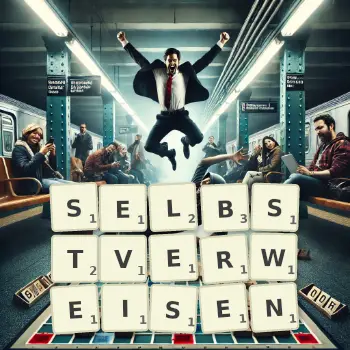 Kreative Illustration für ein Scrabble-Spiel, bei dem das Wort SELBSTVERWEISEN mit Steinen auf dem Brett gelegt wurde.
