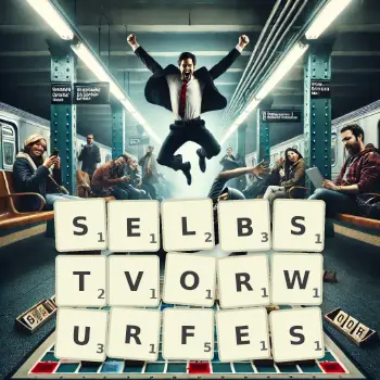 Kreative Illustration für ein Scrabble-Spiel, bei dem das Wort SELBSTVORWURFES mit Steinen auf dem Brett gelegt wurde.