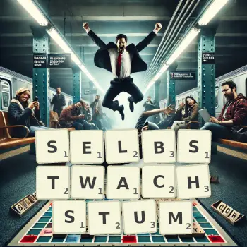 Kreative Illustration für ein Scrabble-Spiel, bei dem das Wort SELBSTWACHSTUM mit Steinen auf dem Brett gelegt wurde.