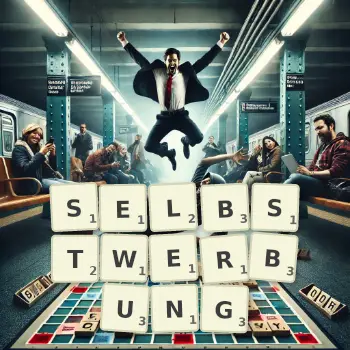 Kreative Illustration für ein Scrabble-Spiel, bei dem das Wort SELBSTWERBUNG mit Steinen auf dem Brett gelegt wurde.