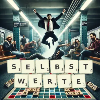 Kreative Illustration für ein Scrabble-Spiel, bei dem das Wort SELBSTWERTE mit Steinen auf dem Brett gelegt wurde.