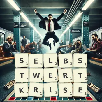 Kreative Illustration für ein Scrabble-Spiel, bei dem das Wort SELBSTWERTKRISE mit Steinen auf dem Brett gelegt wurde.