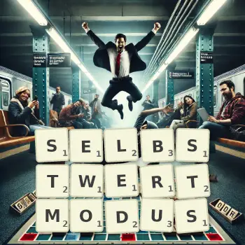 Kreative Illustration für ein Scrabble-Spiel, bei dem das Wort SELBSTWERTMODUS mit Steinen auf dem Brett gelegt wurde.