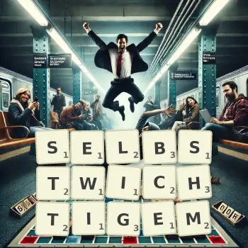 Kreative Illustration für ein Scrabble-Spiel, bei dem das Wort SELBSTWICHTIGEM mit Steinen auf dem Brett gelegt wurde.