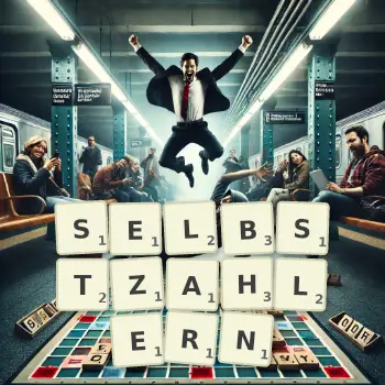 Kreative Illustration für ein Scrabble-Spiel, bei dem das Wort SELBSTZAHLERN mit Steinen auf dem Brett gelegt wurde.