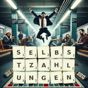 Kreative Illustration für ein Scrabble-Spiel, bei dem das Wort SELBSTZAHLUNGEN mit Steinen auf dem Brett gelegt wurde.