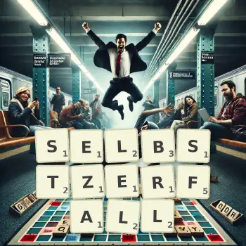 Kreative Illustration für ein Scrabble-Spiel, bei dem das Wort SELBSTZERFALL mit Steinen auf dem Brett gelegt wurde.