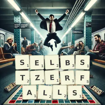 Kreative Illustration für ein Scrabble-Spiel, bei dem das Wort SELBSTZERFALLS mit Steinen auf dem Brett gelegt wurde.