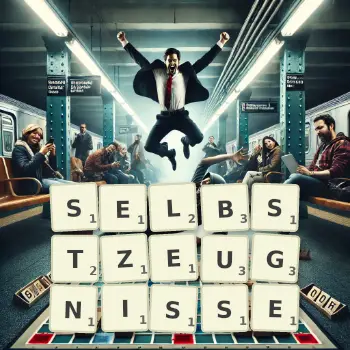 Kreative Illustration für ein Scrabble-Spiel, bei dem das Wort SELBSTZEUGNISSE mit Steinen auf dem Brett gelegt wurde.