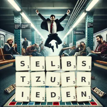 Kreative Illustration für ein Scrabble-Spiel, bei dem das Wort SELBSTZUFRIEDEN mit Steinen auf dem Brett gelegt wurde.