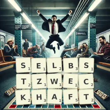 Kreative Illustration für ein Scrabble-Spiel, bei dem das Wort SELBSTZWECKHAFT mit Steinen auf dem Brett gelegt wurde.