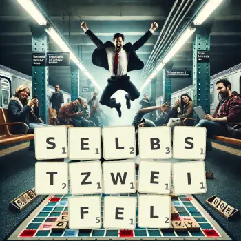 Kreative Illustration für ein Scrabble-Spiel, bei dem das Wort SELBSTZWEIFEL mit Steinen auf dem Brett gelegt wurde.