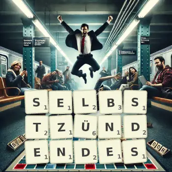 Kreative Illustration für ein Scrabble-Spiel, bei dem das Wort SELBSTZÜNDENDES mit Steinen auf dem Brett gelegt wurde.