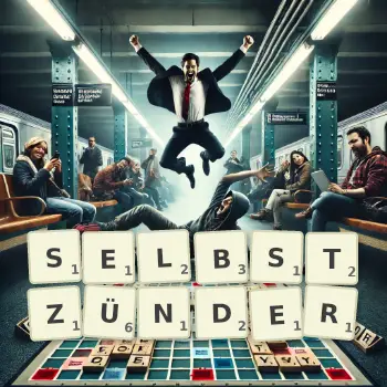 Kreative Illustration für ein Scrabble-Spiel, bei dem das Wort SELBSTZÜNDER mit Steinen auf dem Brett gelegt wurde.
