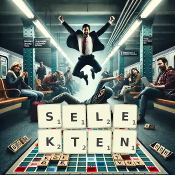 Kreative Illustration für ein Scrabble-Spiel, bei dem das Wort SELEKTEN mit Steinen auf dem Brett gelegt wurde.