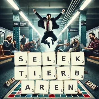 Kreative Illustration für ein Scrabble-Spiel, bei dem das Wort SELEKTIERBAREN mit Steinen auf dem Brett gelegt wurde.