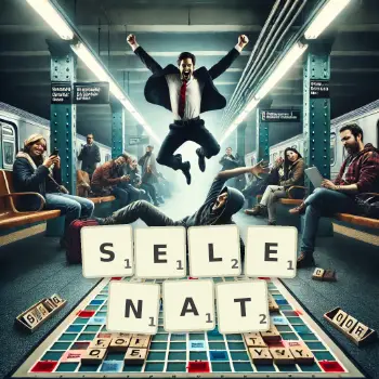 Kreative Illustration für ein Scrabble-Spiel, bei dem das Wort SELENAT mit Steinen auf dem Brett gelegt wurde.