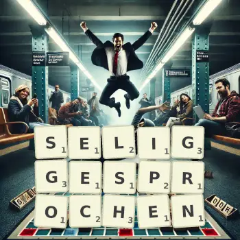 Kreative Illustration für ein Scrabble-Spiel, bei dem das Wort SELIGGESPROCHEN mit Steinen auf dem Brett gelegt wurde.