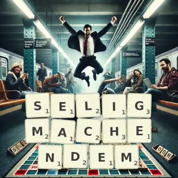 Kreative Illustration für ein Scrabble-Spiel, bei dem das Wort SELIGMACHENDEM mit Steinen auf dem Brett gelegt wurde.