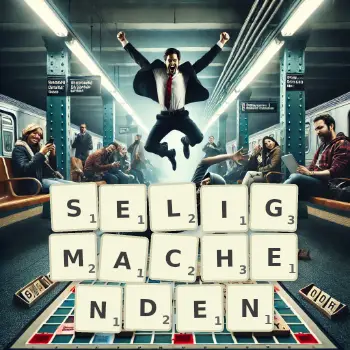 Kreative Illustration für ein Scrabble-Spiel, bei dem das Wort SELIGMACHENDEN mit Steinen auf dem Brett gelegt wurde.