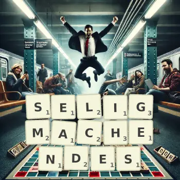 Kreative Illustration für ein Scrabble-Spiel, bei dem das Wort SELIGMACHENDES mit Steinen auf dem Brett gelegt wurde.