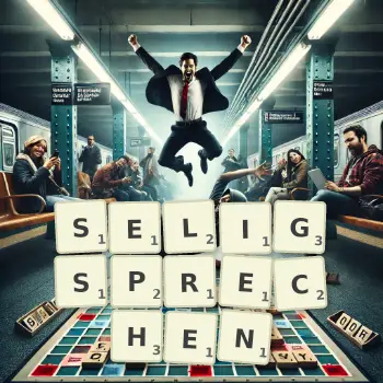 Kreative Illustration für ein Scrabble-Spiel, bei dem das Wort SELIGSPRECHEN mit Steinen auf dem Brett gelegt wurde.