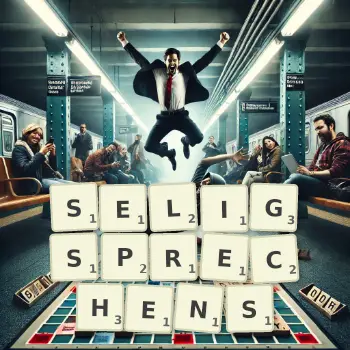 Kreative Illustration für ein Scrabble-Spiel, bei dem das Wort SELIGSPRECHENS mit Steinen auf dem Brett gelegt wurde.