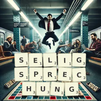 Kreative Illustration für ein Scrabble-Spiel, bei dem das Wort SELIGSPRECHUNG mit Steinen auf dem Brett gelegt wurde.