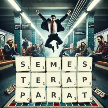 Kreative Illustration für ein Scrabble-Spiel, bei dem das Wort SEMESTERAPPARAT mit Steinen auf dem Brett gelegt wurde.