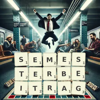 Kreative Illustration für ein Scrabble-Spiel, bei dem das Wort SEMESTERBEITRAG mit Steinen auf dem Brett gelegt wurde.