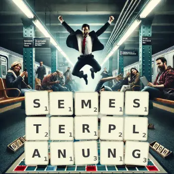 Kreative Illustration für ein Scrabble-Spiel, bei dem das Wort SEMESTERPLANUNG mit Steinen auf dem Brett gelegt wurde.