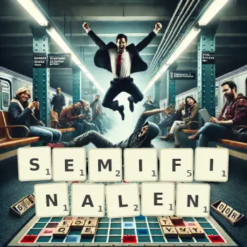 Kreative Illustration für ein Scrabble-Spiel, bei dem das Wort SEMIFINALEN mit Steinen auf dem Brett gelegt wurde.
