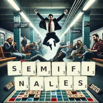 Kreative Illustration für ein Scrabble-Spiel, bei dem das Wort SEMIFINALES mit Steinen auf dem Brett gelegt wurde.