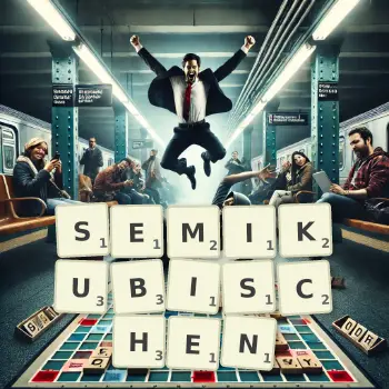 Kreative Illustration für ein Scrabble-Spiel, bei dem das Wort SEMIKUBISCHEN mit Steinen auf dem Brett gelegt wurde.