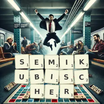 Kreative Illustration für ein Scrabble-Spiel, bei dem das Wort SEMIKUBISCHER mit Steinen auf dem Brett gelegt wurde.