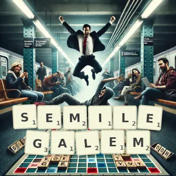 Kreative Illustration für ein Scrabble-Spiel, bei dem das Wort SEMILEGALEM mit Steinen auf dem Brett gelegt wurde.