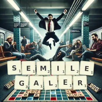 Kreative Illustration für ein Scrabble-Spiel, bei dem das Wort SEMILEGALER mit Steinen auf dem Brett gelegt wurde.