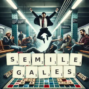 Kreative Illustration für ein Scrabble-Spiel, bei dem das Wort SEMILEGALES mit Steinen auf dem Brett gelegt wurde.