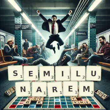 Kreative Illustration für ein Scrabble-Spiel, bei dem das Wort SEMILUNAREM mit Steinen auf dem Brett gelegt wurde.